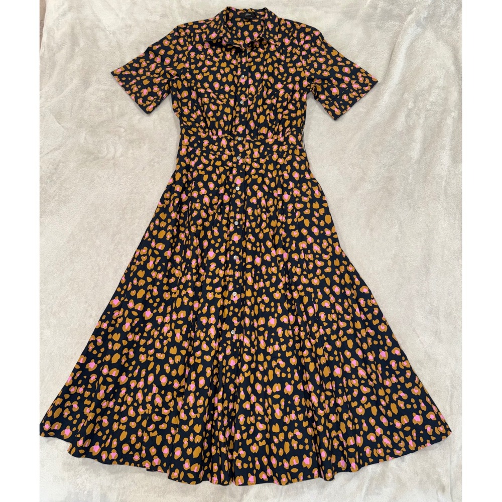 J.Crew Women Pink Tan Leopard Print Cotton Midi Shirt Dress Navy Blue AC708 0